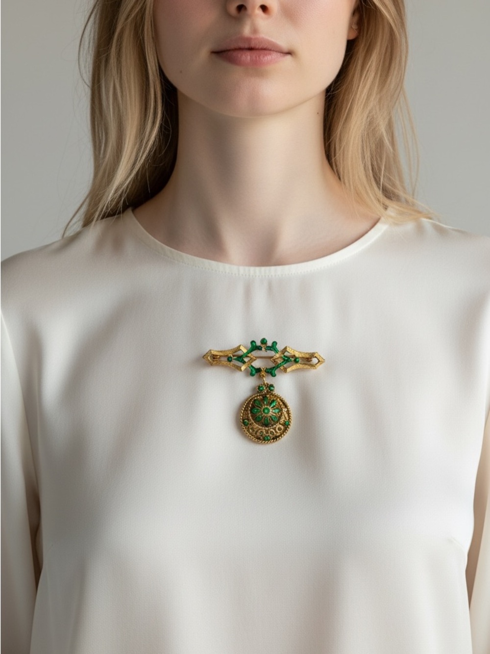 10/7 Gold and Emerald Drop Brooch - Elegant Women Jewelry